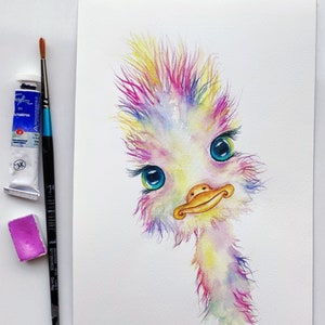 original watercolor colorful ostrich baby painting, cute animal illustration  kids room wall decor, gift for kids