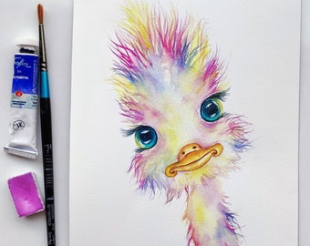 original watercolor colorful ostrich baby painting, cute animal illustration  kids room wall decor, gift for kids