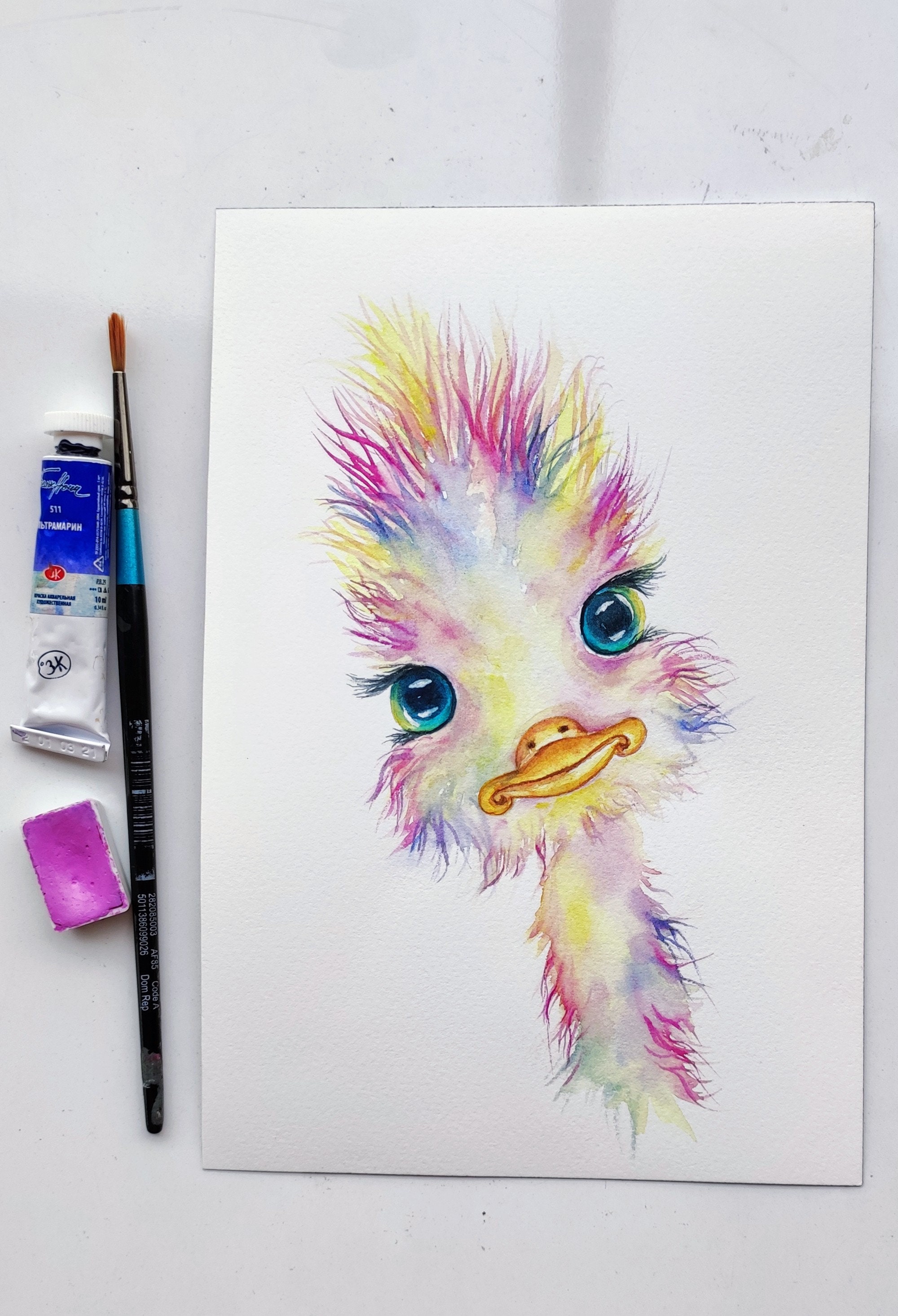 original watercolor colorful ostrich baby painting, cute animal illustration  kids room wall decor, gift for kids