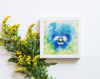 Original Watercolor blue pansy painting, realistic flower, floral botanical wall art, detailed flower drawing