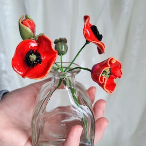 Polymer Clay dekorative rote Mohnblumen in kleiner Glasvase, Blumengeschenk für Mutter, künstliche Blumen Wohndekoration, Blumengesteck