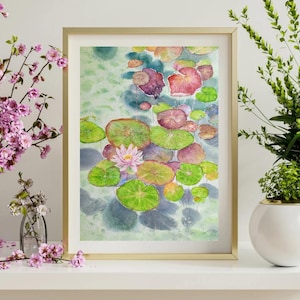 Original watercolor water lily painting,Lotus flowers decor,water landscape,peaceful nature art,room decor aesthetic
