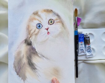Handmade watercolor Scottish fold cat, personalized Cat portrait,Memorial pet portrait, Pet lover art