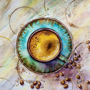 Aquarelle sur tasse à café : nature morte de cuisine