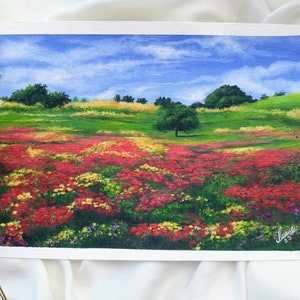 Original  Summer landscape with flowers painting, A colorful flower field with acrylic paint,Spring gifts