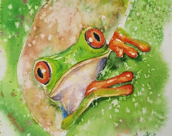 Red-eyed tree frog watercolor, Green cute creature painting, nursery wall decor,Tropical artwork