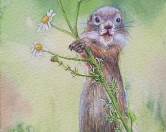 Original watercolor Ground squirrel wall art ,Painting Wildlife, gift for animal lovers,small animal painting, flowers and animal art