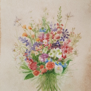Delicato mazzo di fiori in stile antico ad acquerello (non stampato), dipinto rustico di bouquet di fiori selvatici, opera d'arte di mazzo di fiori misti,