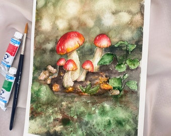 Original Mushroom Watercolor Painting : Whimsical Forest Wall Art, Botanical Nature Decor