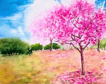 Original watercolor spring garden scene, spring trees, spring awakening, spring season
