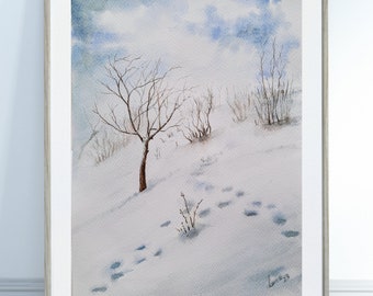 Snowy Winter Forest Landscape watercolor Painting, Bare Trees Christmas Art Gift