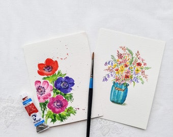 Watercolor anemone flowers greeting card in original vibrant colors, colorful flowers for the mother, (extra Wildflowers work is my gift.)