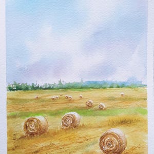Balle di fieno sotto il cielo, acquerello, arte murale, paesaggio rustico, dipinto di campagna, regalo del contadino, dipinto di campagna