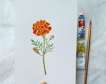 original watercolor October birth flower Marigold, birth flower gift for mom, autumn flower wall art