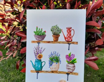 Hand drawn Watercolor Potted plants, wall decor gift for mom, plant shelf painting