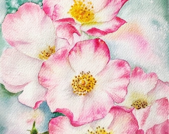 Uniquely beautiful wild rose painting,original watercolor,gift for flower lovers
