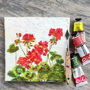 Geranium oil painting impasto canvas, original palette knife art Red flower painting, textured flowers wall art