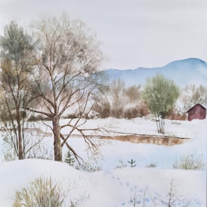 original watercolor winter rural landscape painting, christmas winter trees artwork, Snow painting wall art
