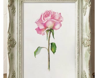 Original watercolor (customizable), June birth flower art, pink rose painting.