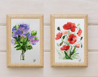 Original  watercolor poppy and lilac flowers, Hand-painted flower wall art, double flower wall decor