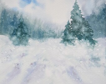 Original Watercolor Winter Landscape Painting, Snowy Pine Trees Wall Art