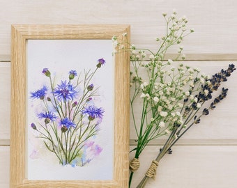Le charme unique de la peinture de fleurs de bleuet à l'aquarelle/cadeau de fête des mères, peinture à la main d'art mural de fleurs violettes