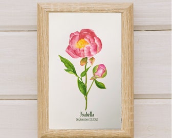 original watercolor November birth flower pink Peony, birth flower gift for mom, autumn flower wall art