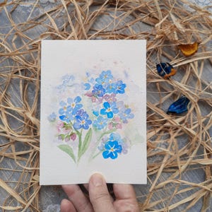 carte de voeux aquarelle originale de fleurs myosotis, carte florale de mère, peinture bleue de fleurs sauvages, petite carte aquarelle