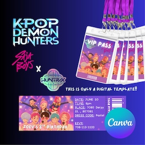 Op de afbeelding: Een digitaal sjabloon met K-Pop Demon Hunters branding, inclusief VIP-passen en een evenementticket. Het ontwerp is overwegend paars met holografische accenten. Het ticket toont Zoey's 8e verjaardag. Het Canva-logo is ook zichtbaar.