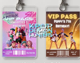 Kpop Demon Hunters VIP Pass, Personalized Birthday Party Favors, Purple Lanyard (Glossy Paper)