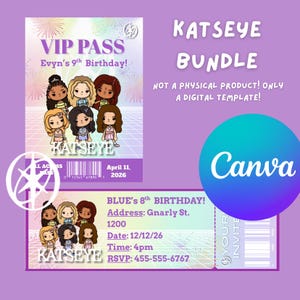 May include: Digital template bundle with a VIP pass and ticket design. The VIP pass is for Evyn's 9th birthday, and the ticket is for Blue's 8th birthday. The bundle includes Canva templates. The text on the ticket includes the address, date, time, and RSVP information.