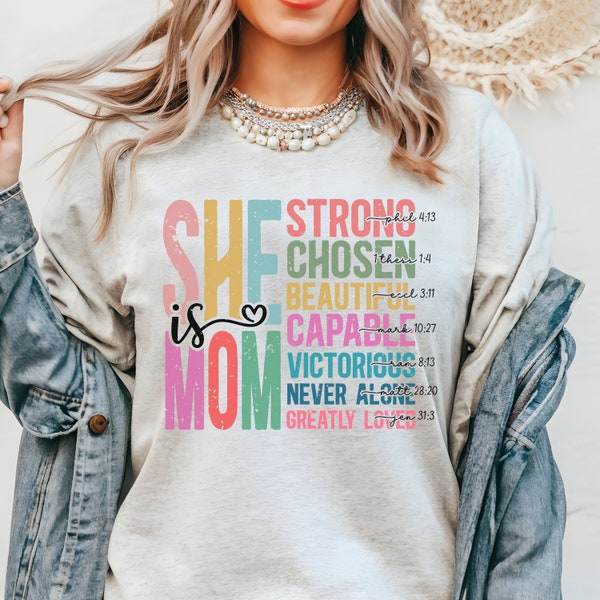 Christian Shirt for Mom She is Strong T-Shirt for Women Bible Verse Tshirt Inspirational Tee Mothers Day Gift Positive Saying Shirt for Mom