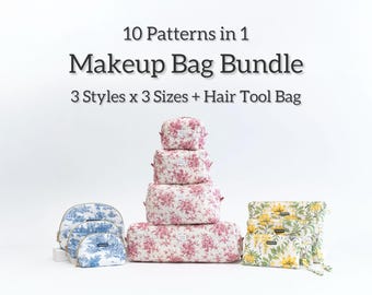 Makeup Bag Sewing Pattern Bundle PDF | 10 Sizes, Boxy, Flat & Taco Pouches
