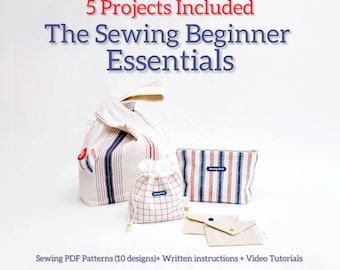 5 Sewing Essential Projects for beginner PDF Patterns + Video tutorial + Written instructions