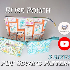 Op de afbeelding: Drie verschillende formaten beursjes met ritsen. De beursjes zijn gemaakt van stof met bloemen- en geometrische patronen. Het grootste beursje heeft een bloemenpatroon met de tekst "SEEDS" erop. De tekst "ELISE POUCH" en "3 SIZES PDF SEWING PATTERN" is zichtbaar op de afbeelding.