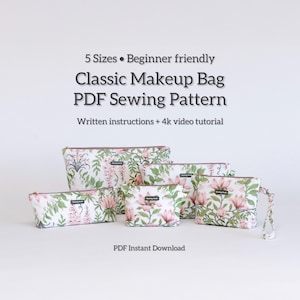 Classic Makeup Bag Sewing Pattern | 5 Sizes | Zippered Flat Pouch | Beginner Friendly PDF + Video Tutorial