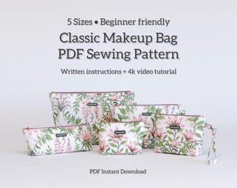 Classic Makeup Bag Sewing Pattern | 5 Sizes | Zippered Flat Pouch | Beginner Friendly PDF + Video Tutorial