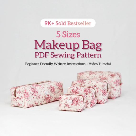 Makeup Bag Sewing Pattern PDF | 5 Sizes Boxy Pouch & Hair Tool Organizer