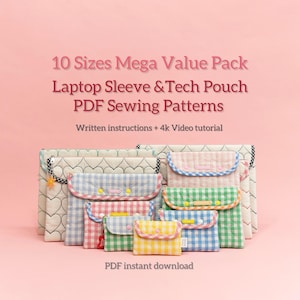 10 Sizes Laptop Sleeve & Tech Pouch Sewing Pattern Mega Value Pack | Zipper Pouch with Front Flap | Beginner + Video | Two Zipper Finishes