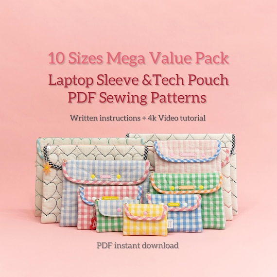 Laptop Sleeve Sewing Pattern: 10 Sizes Tech Pouch with Flap (PDF Pattern)