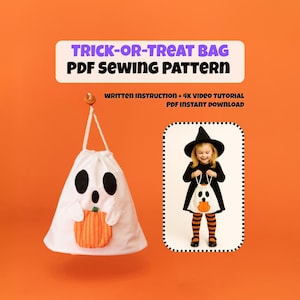 Op de afbeelding: Een witte spookvormige snoeptas met zwarte ogen en mond, die een oranje pompoen vasthoudt. Tekst: TRICK-OR-TREAT BAG PDF SEWING PATTERN, WRITTEN INSTRUCTION + 4K VIDEO TUTORIAL, PDF INSTANT DOWNLOAD. Inclusief foto van een kind in een heksenkostuum.