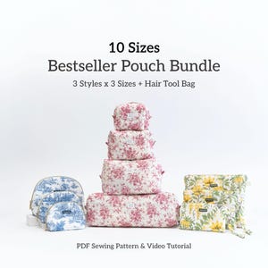 May include: A collection of fabric pouches in various sizes and floral patterns. The image displays a stack of pink floral pouches, blue toile pouches, and yellow floral pouches. Text on the image reads "10 Sizes Bestseller Pouch Bundle".