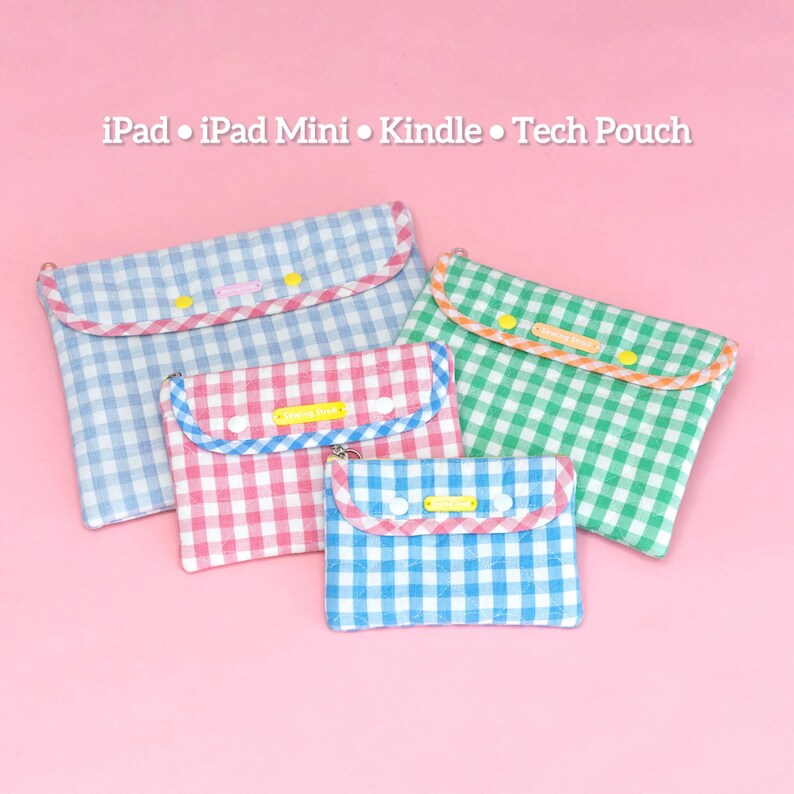 May include: Four tech pouches in blue, pink, and green gingham patterns. Each pouch has a contrasting trim and a small yellow tag. The text "iPad &bull; iPad Mini &bull; Kindle &bull; Tech Pouch" is at the top.