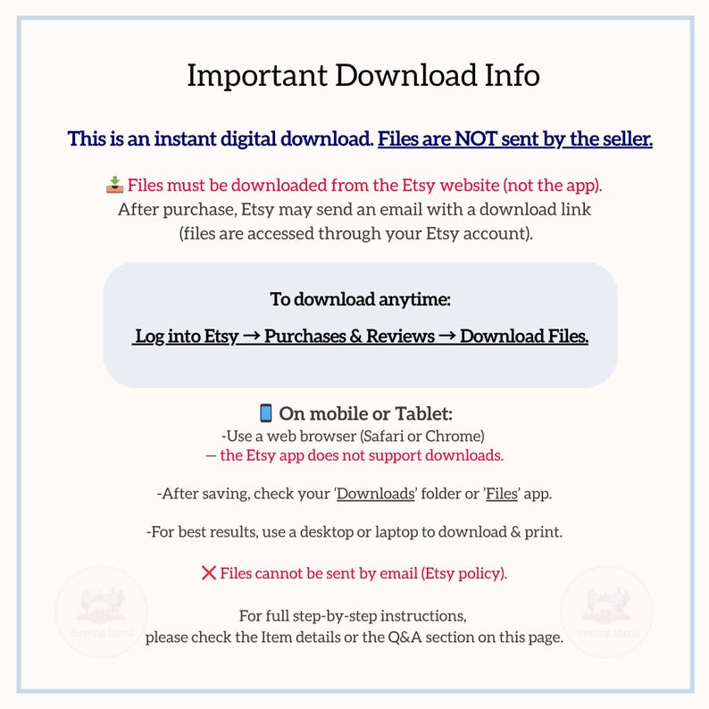May include: A white and blue digital download information sheet. Text includes "Important Download Info", "instant digital download", and instructions on how to download files from Etsy. The image also states that files cannot be sent by email.