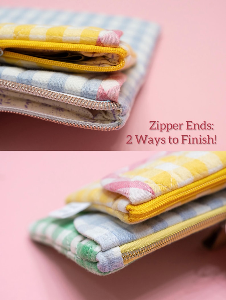 Puede incluir: Primer plano de tres peque&ntilde;as bolsas con cremallera de tela apiladas. La bolsa superior es de cuadros amarillos, la del medio de cuadros azules y blancos, y la inferior de cuadros verdes y blancos. El texto "Zipper Ends: 2 Ways to Finish!" es visible.