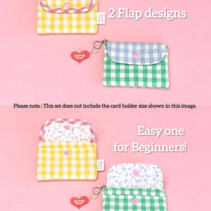 May include: A set of colorful, gingham-patterned card holders in yellow, green, and blue. Each card holder has a flap design and a heart-shaped charm with the text "Sewing Stroll". The text "2 Flap designs" and "Easy one for Beginners!" are also visible.