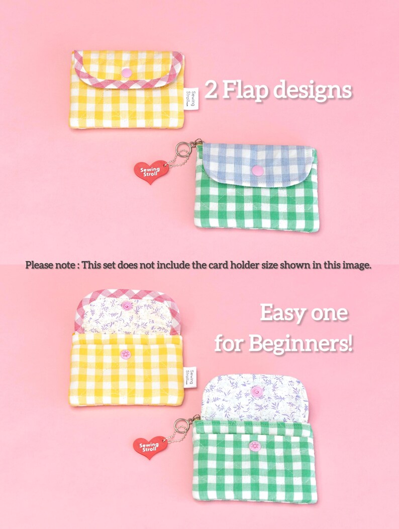 May include: A set of colorful, gingham-patterned card holders in yellow, green, and blue. Each card holder has a flap design and a heart-shaped charm with the text "Sewing Stroll". The text "2 Flap designs" and "Easy one for Beginners!" are also visible.