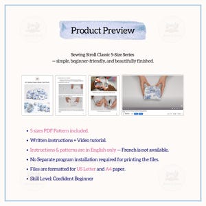 May include: Product preview for a sewing project. The image shows a series of instructional images and a video preview. Text includes "Sewing Stroll Classic 5-Size Series" and details about the PDF pattern, instructions, and skill level.