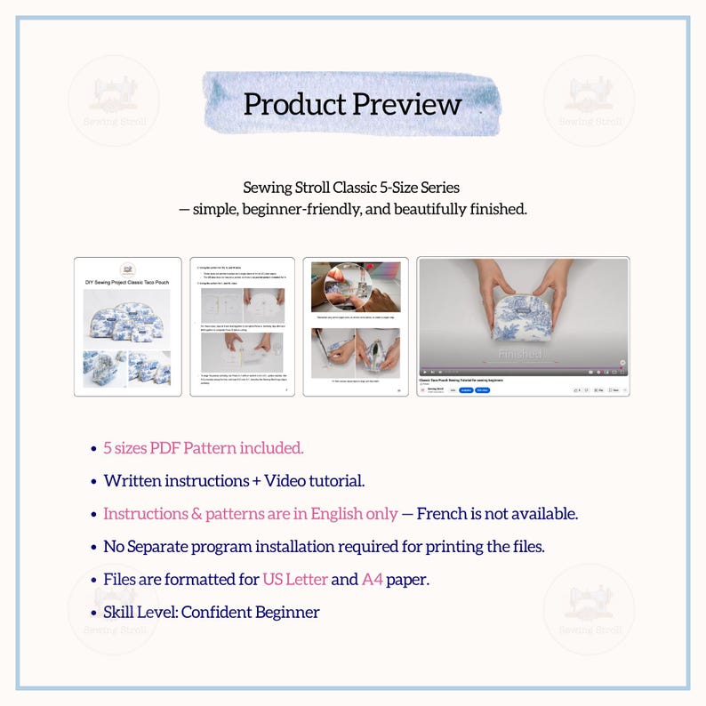 May include: Product preview for a sewing project. The image shows a series of instructional images and a video preview. Text includes "Sewing Stroll Classic 5-Size Series" and details about the PDF pattern, instructions, and skill level.