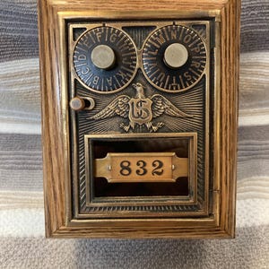 Handcrafted Post Office Box Door Bank, Double Dial Eagle, Made With Oak